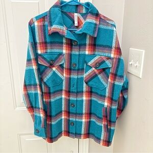 Zenana Outfitters Teal and Red Plaid Ladies Button Down Shirt